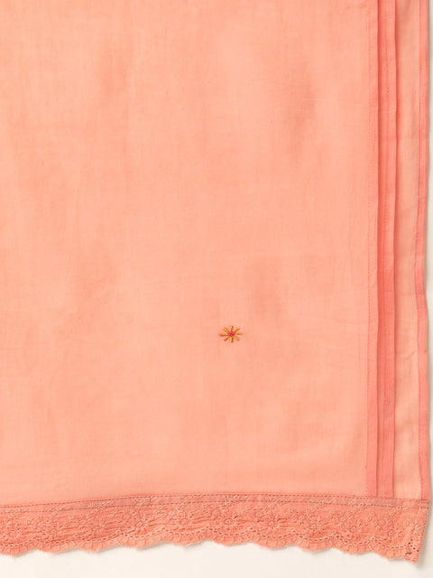 Women Peach-Coloured Embroidered Kurta with Palazzos & Dupatta