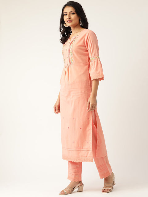 Women Peach-Coloured Embroidered Kurta with Palazzos & Dupatta