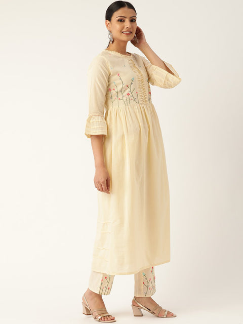 Women Cream-Coloured Yoke Design Kurta with Palazzos & Dupatta