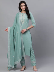 Women Sage Green Three-Quarter Sleeves Straight Kurta Palazzo With Dupatta