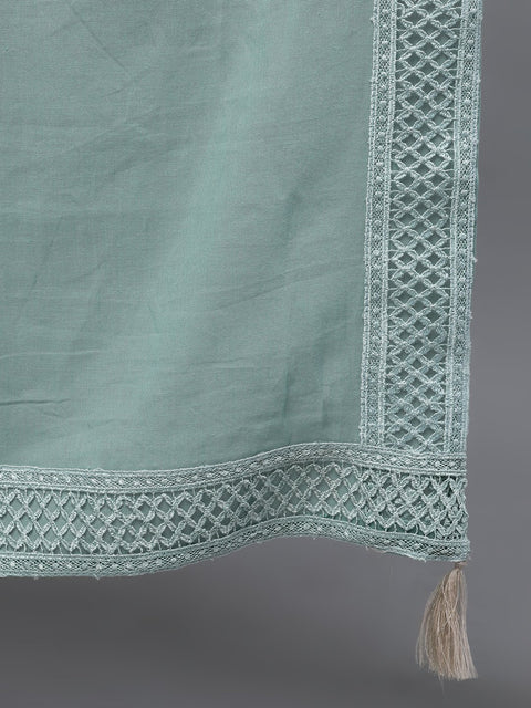 Women Sage Green Three-Quarter Sleeves Straight Kurta Palazzo With Dupatta