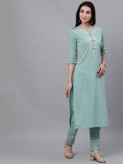 Women Sage Green Three-Quarter Sleeves Straight Kurta Palazzo With Dupatta