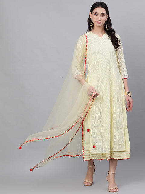 Women Lime yellow Self Design Self Design V-Neck Polyester Maxi Dress With Dupatta