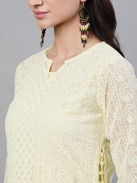 Women Lime yellow Self Design Self Design V-Neck Polyester Maxi Dress With Dupatta