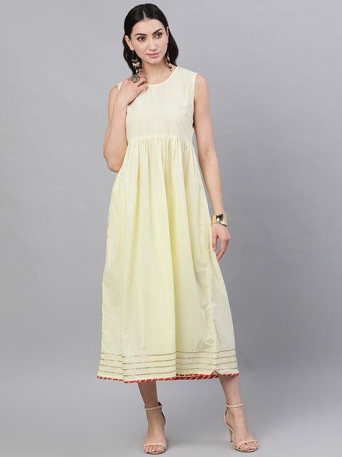 Women Lime yellow Self Design Self Design V-Neck Polyester Maxi Dress With Dupatta