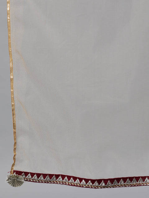 Women Maroon Solid Embroidered Mandarin Collar Viscose Rayon Maxi Dress With Dupatta