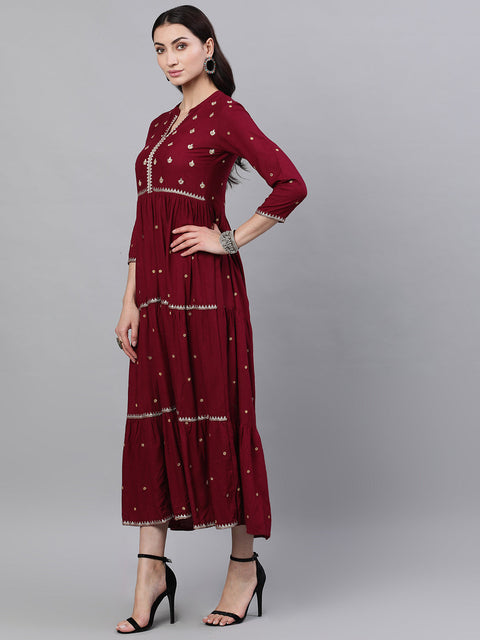 Women Maroon Solid Embroidered Mandarin Collar Viscose Rayon Maxi Dress With Dupatta