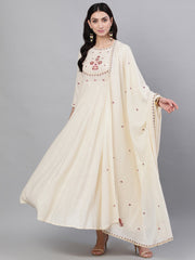 Women Off White Solid Solid Round Neck Viscose Rayon Maxi Dress With Dupatta