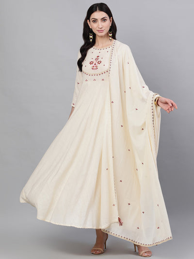 Women Off White Solid Solid Round Neck Viscose Rayon Maxi Dress With Dupatta