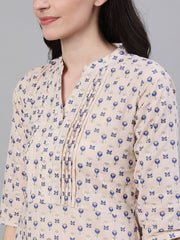 Women beige and blue pin-tuck tunic