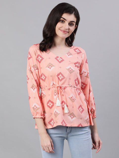 Women Peach Three-Quarter Sleeves Waist Tie-Ups Top
