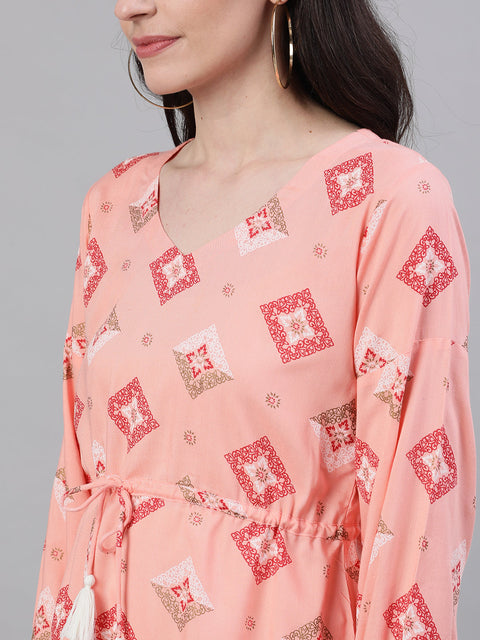 Women Peach Three-Quarter Sleeves Waist Tie-Ups Top