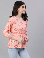 Women Peach Three-Quarter Sleeves Waist Tie-Ups Top