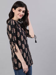 Women Black Three-Quarter Sleeves Tie-Ups Top