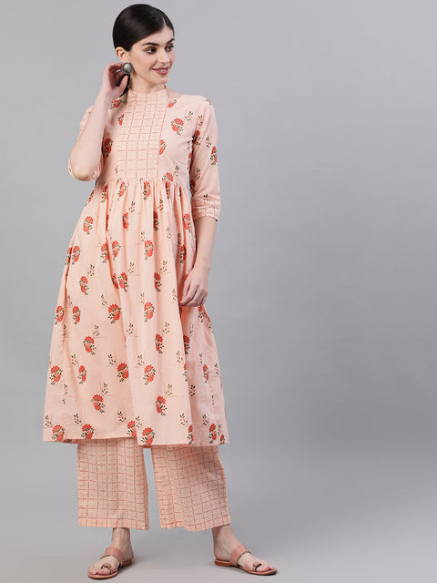 Women Peach Three-Quarter Sleeves Flared Kurta With Palazzo