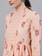 Women Peach Three-Quarter Sleeves Flared Kurta With Palazzo