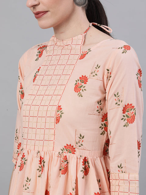 Women Peach Three-Quarter Sleeves Flared Kurta With Palazzo