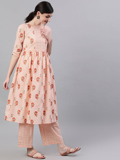 Women Peach Three-Quarter Sleeves Flared Kurta With Palazzo