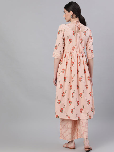 Women Peach Three-Quarter Sleeves Flared Kurta With Palazzo