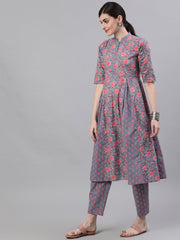 Women Grey Three-Quarter Sleeves Flared Kurta With Palazzo