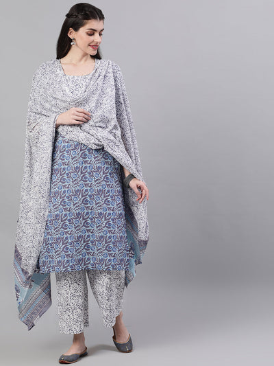 Women Blue Three-Quarter Sleeves Straight Kurta Palazzo With Dupatta