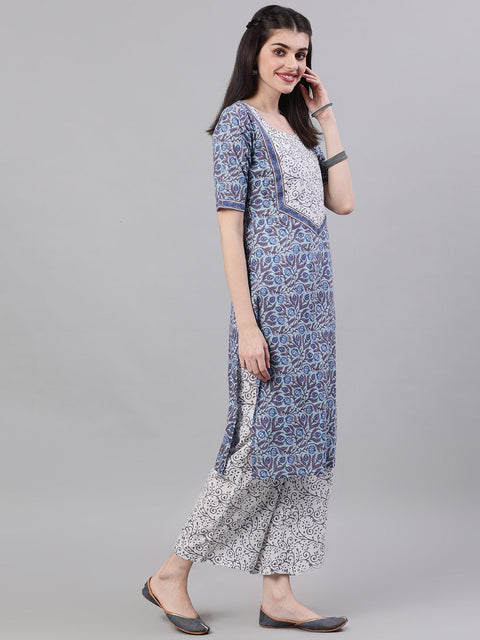 Women Blue Three-Quarter Sleeves Straight Kurta Palazzo With Dupatta