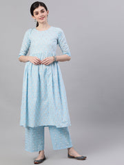 Women Pastel Sky Blue Three-Quarter Sleeves Flared Kurta and Palazzo Set