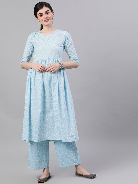 Women Pastel Sky Blue Three-Quarter Sleeves Flared Kurta and Palazzo Set