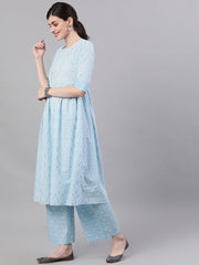 Women Pastel Sky Blue Three-Quarter Sleeves Flared Kurta and Palazzo Set