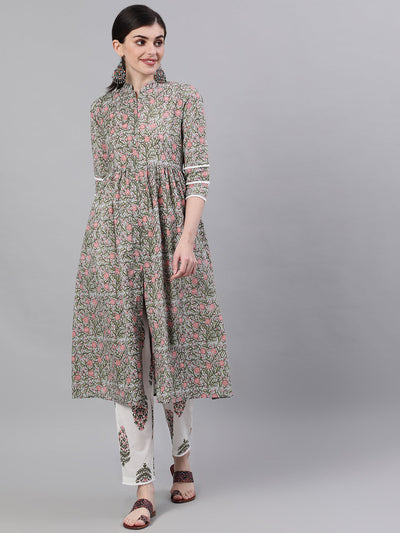 Women White Three-Quarter Sleeves Flared Kurta and Palazzo Set