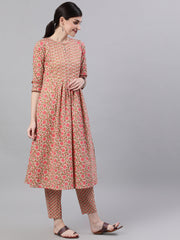 Women Beige Three-Quarter Sleeves Flared Kurta and Palazzo Set