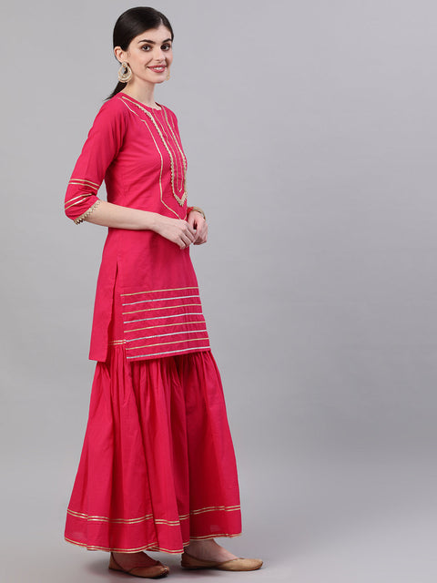 Women Pink Three-Quarter Sleeves Straight Kurta Sharara Set With Dupatta