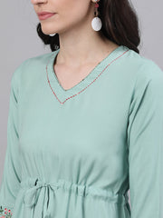 Women Sage Green Solid Solid V-Neck Viscose Rayon Maxi Dress