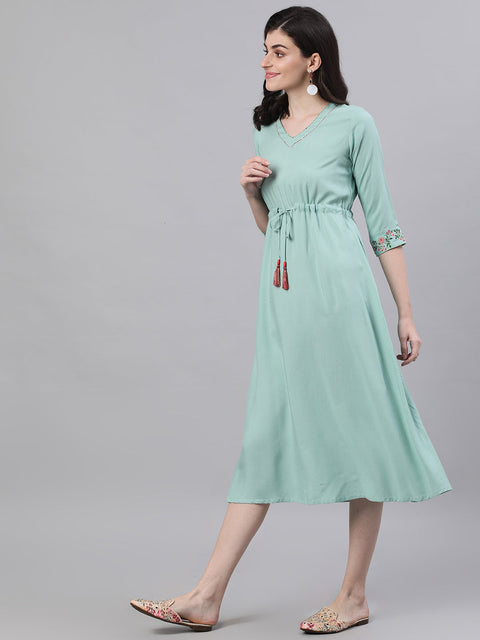 Women Sage Green Solid Solid V-Neck Viscose Rayon Maxi Dress