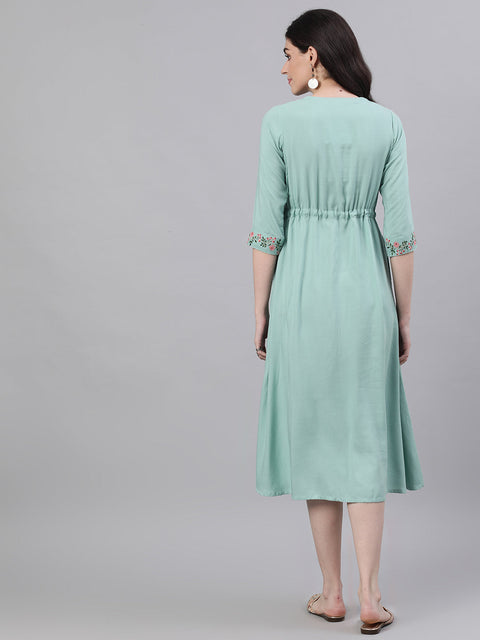 Women Sage Green Solid Solid V-Neck Viscose Rayon Maxi Dress