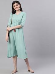 Women Sage Green Solid Solid V-Neck Viscose Rayon Maxi Dress