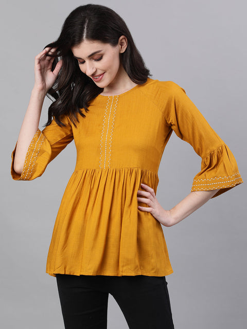 Women Mustard Long Sleeves Gathered or Pleated Top