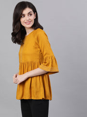 Women Mustard Long Sleeves Gathered or Pleated Top