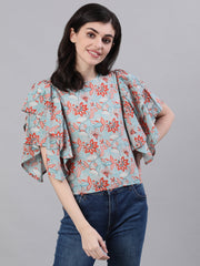 Women Sage Green Short Sleeves Ruffles Top