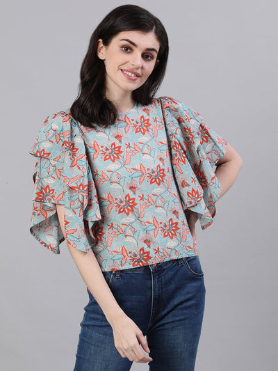 Women Sage Green Short Sleeves Ruffles Top