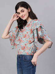 Women Sage Green Short Sleeves Ruffles Top