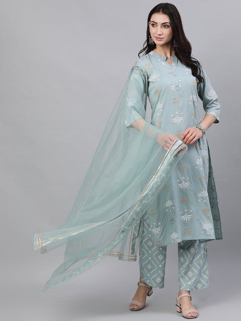 Women Grey Three-Quarter Sleeves Straight Kurta Palazzo With Dupatta