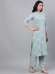 Women Grey Three-Quarter Sleeves Straight Kurta Palazzo With Dupatta