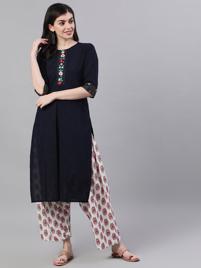 Women Navy Blue Calf Length Three-Quarter Sleeves A-Line Solid Embroidered Cotton Kurta