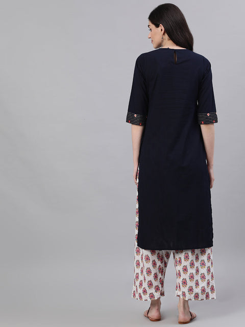 Women Navy Blue Calf Length Three-Quarter Sleeves A-Line Solid Embroidered Cotton Kurta