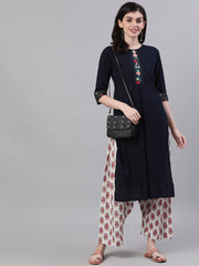 Women Navy Blue Calf Length Three-Quarter Sleeves A-Line Solid Embroidered Cotton Kurta
