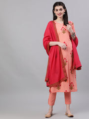 Women Peach Three-Quarter Sleeves Straight Kurta Palazzo With Dupatta
