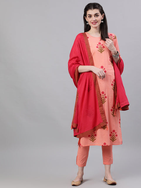 Women Peach Three-Quarter Sleeves Straight Kurta Palazzo With Dupatta