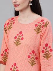 Women Peach Three-Quarter Sleeves Straight Kurta Palazzo With Dupatta