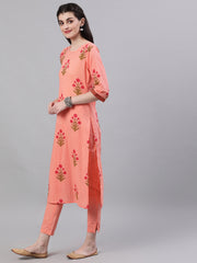 Women Peach Three-Quarter Sleeves Straight Kurta Palazzo With Dupatta